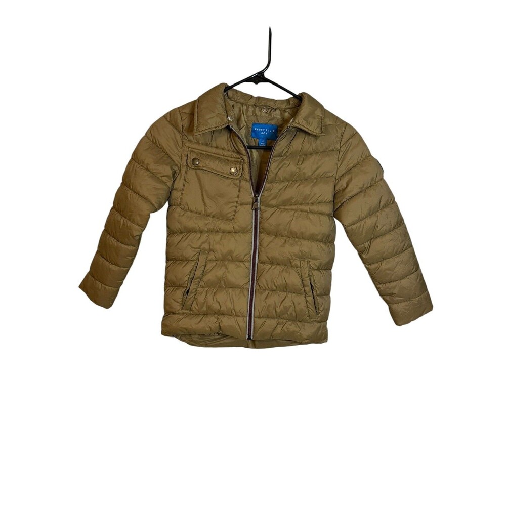 Perry Ellis Boys Size 6 Brown Hooded Puffer Winter Jacket Full Zip Insulated